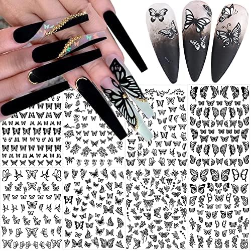 Butterfly Nail Art Stickers Decal Nail Art Supplies Butterflies Nail Art Adhesive Decals Black Retro Butterfly Design 3D Nail Foil Butterfly Designer Nail Sticker for Acrylic Nails Decoration 8 Sheets