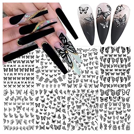 Butterfly Nail Art Stickers Decal Nail Art Supplies Butterflies Nail Art Adhesive Decals Black Retro Butterfly Design 3D Nail Foil Butterfly Designer Nail Sticker for Acrylic Nails Decoration 8 Sheets