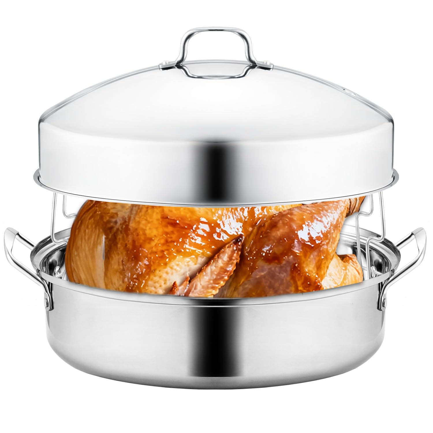 QPMR 22 inch stainless steel roasting pan with lid and rack