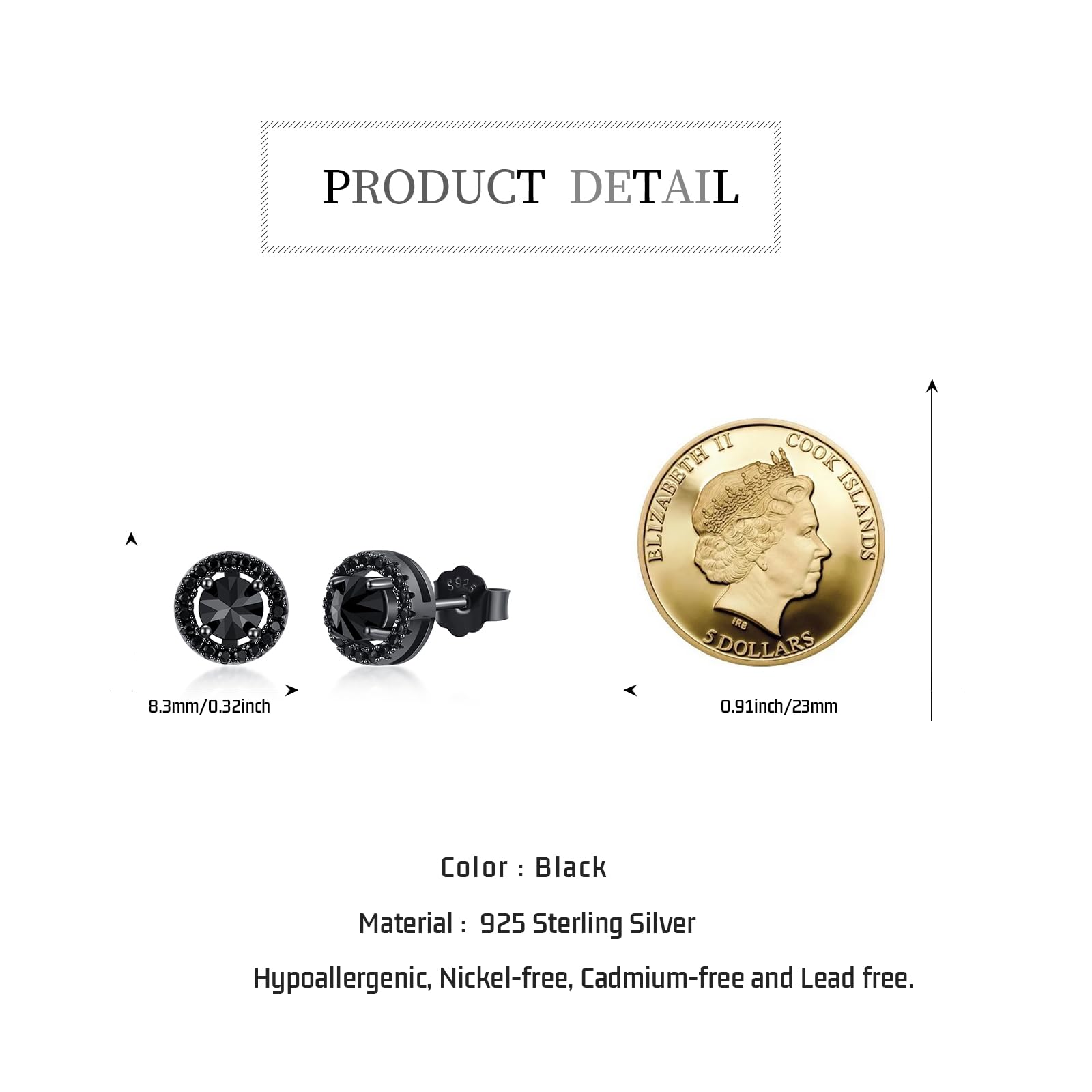 Pendientes negros de plata de ley 925, hipoalergénicos, pequeños, negros, punk, góticos, negros, regalos para hombres y mujeres, 0.34 inches, Plata de ley, Circonita cúbica
