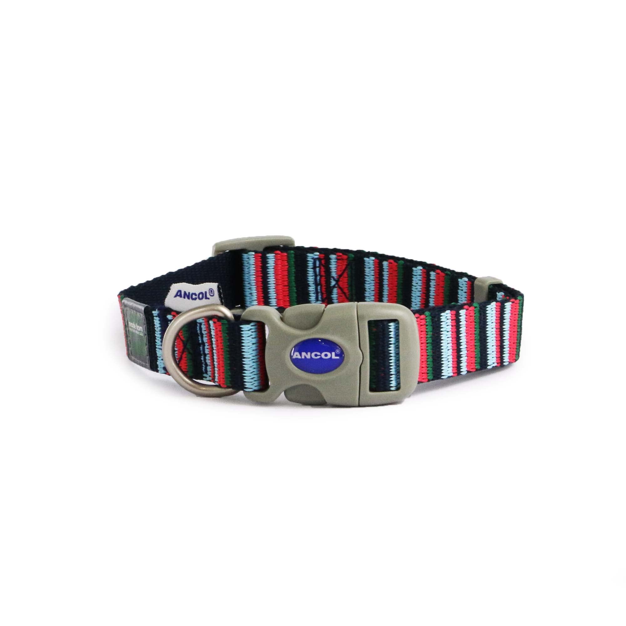 Ancol Made From Collar for Dog Puppy Navy Candy Stripe 100% Recycled Webbing Eco Friendly Pet Accessory Quick Release Buckle Adjustable Neck Strap