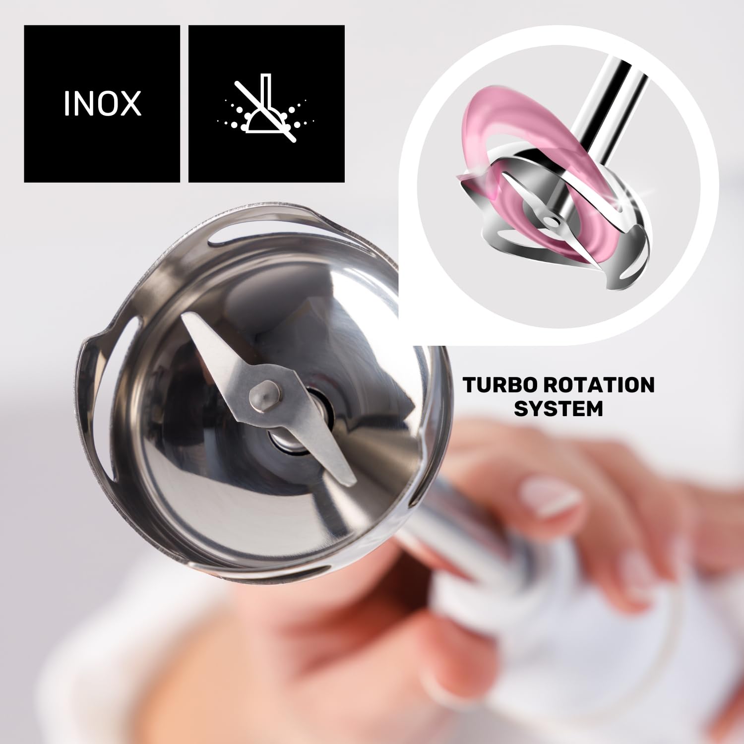 Taurus Mikser ręczny Robot 750 Inox, 750 W, 2 prędkości + Turbo, ostrza i pręt ze stali nierdzewnej, kompaktowy i ergonomiczny, łatwy montaż, okap zapobiegający rozpryskiwaniu | bez BPA, akcesoria