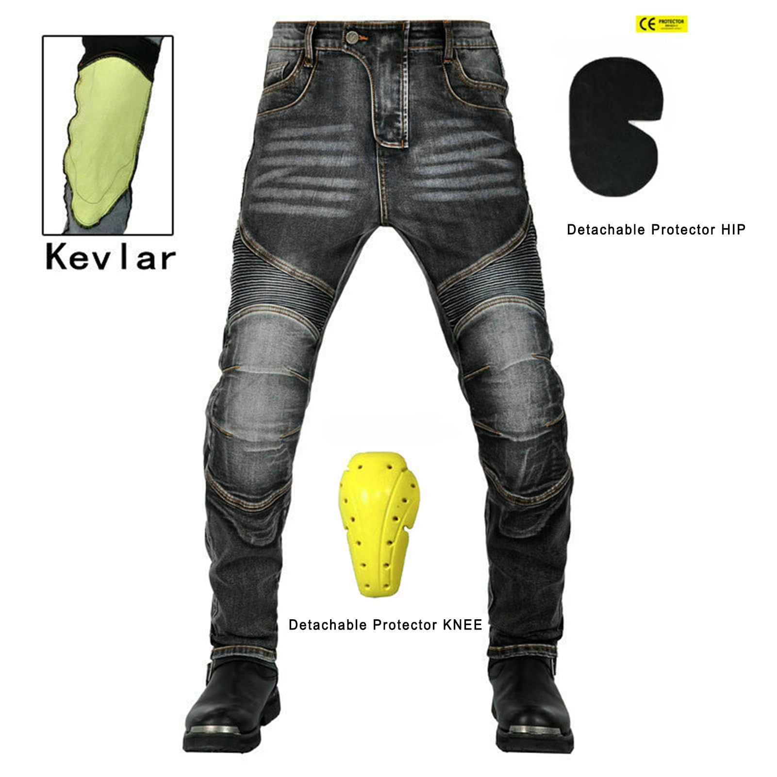 Pantalon Moto Homme GEBIN, Jean Moto Fibre D'aramide avec Protections Dont Genouillères et Protège-hanches, Noir, L