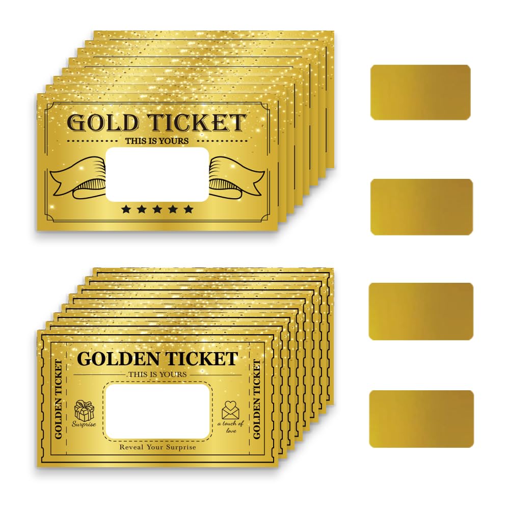 PLIGREAT 120 Pieces Golden Ticket Scratch Off Cards, Blank Gift Certificates Scratch Off Tickets DIY Coupon Raffle Cards for Small Business, Holiday, Bridal Shower, Surprise Reveal, Party Supply