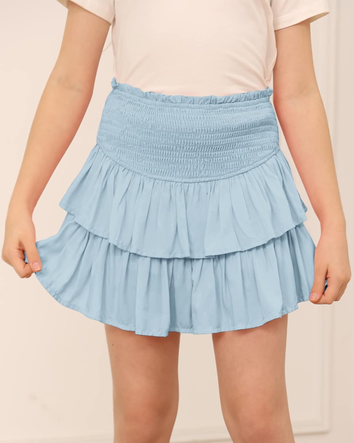 Newffr Girls Smocked Ruffle Mini Skirts Cute High Elastic Waisted Tiered Short Skirt with Shorts Underneath - Image 2