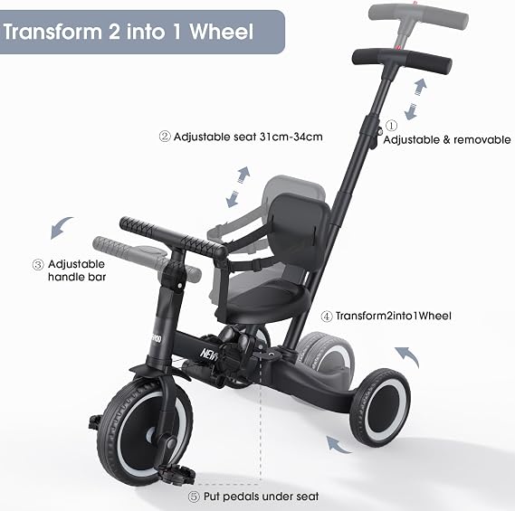 newyoo TR007 5-in-1 Tricycle for Toddlers 1-3, Toddler Bike, Birthday Gift | Toddler Trike with Push Handle Lets Parents Steer and Converts to Balance Bike, Fun Outdoor Toy for Boys and Girls, Black