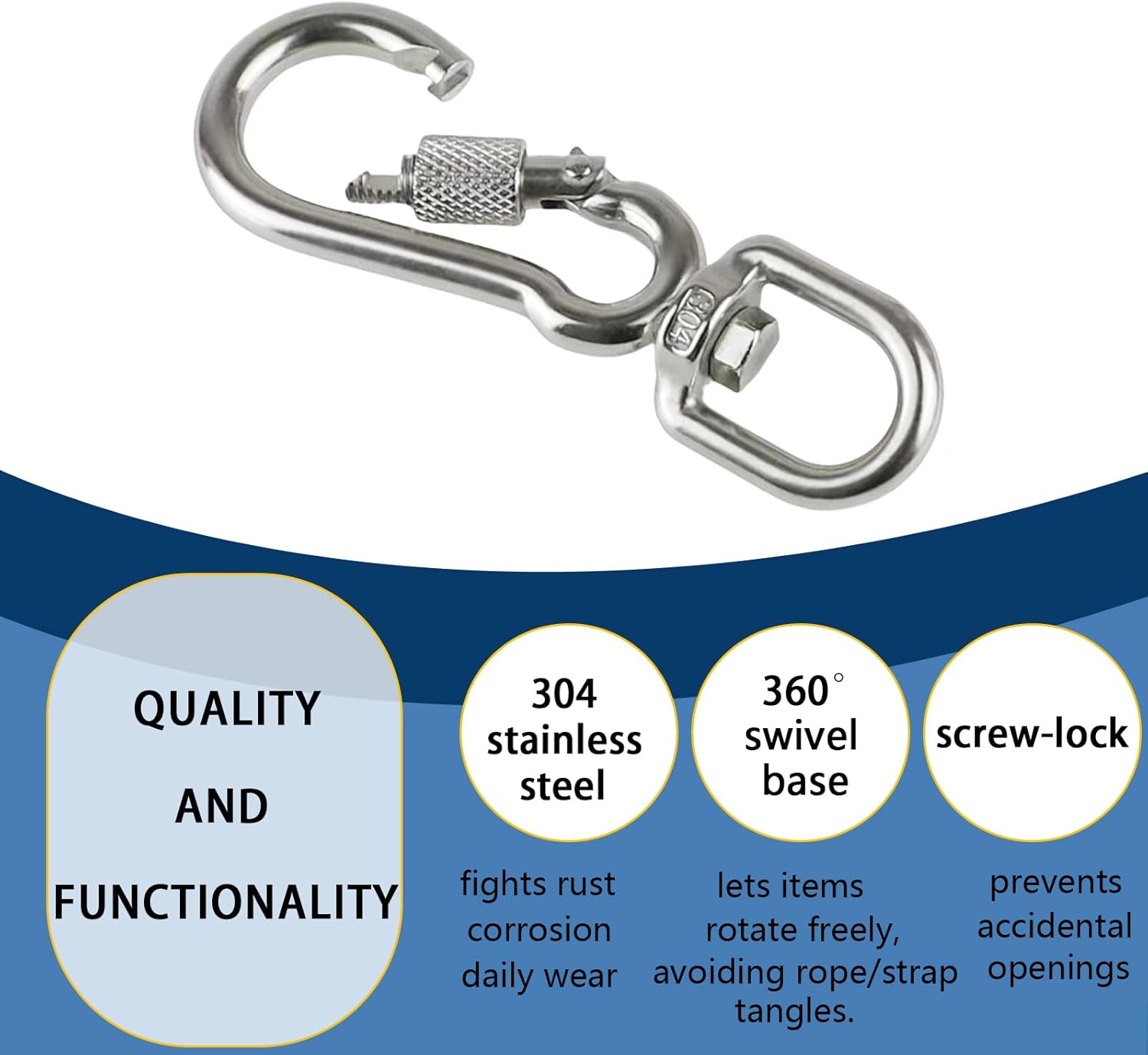 Locking Carabiner Clip with Swivel Clasp 304 Stainless Steel Swivel Rotating Locking Carabiner for Securing Pets, Dog Leash and Harness, Camping, Hiking, Backpack, Keychains 2pcs - Image 3