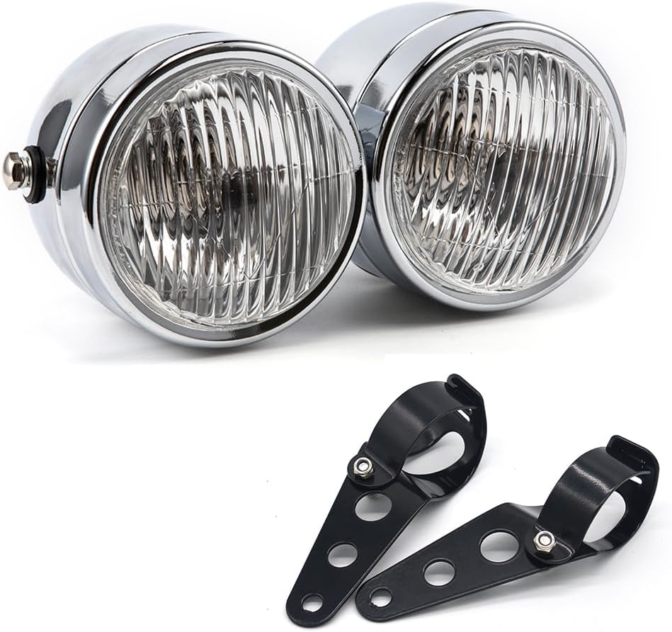 Motorcycle Headlight Assembly Halogens Double Front Head light with Mounting Brackets Assembly, Front Headlamp for Cafe Racer Bobber Chopper (Silver)