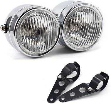 Motorcycle Headlight Assembly Halogens Double Front Head light with Mounting Brackets Assembly, Front Headlamp for Cafe Racer Bobber Chopper Silver