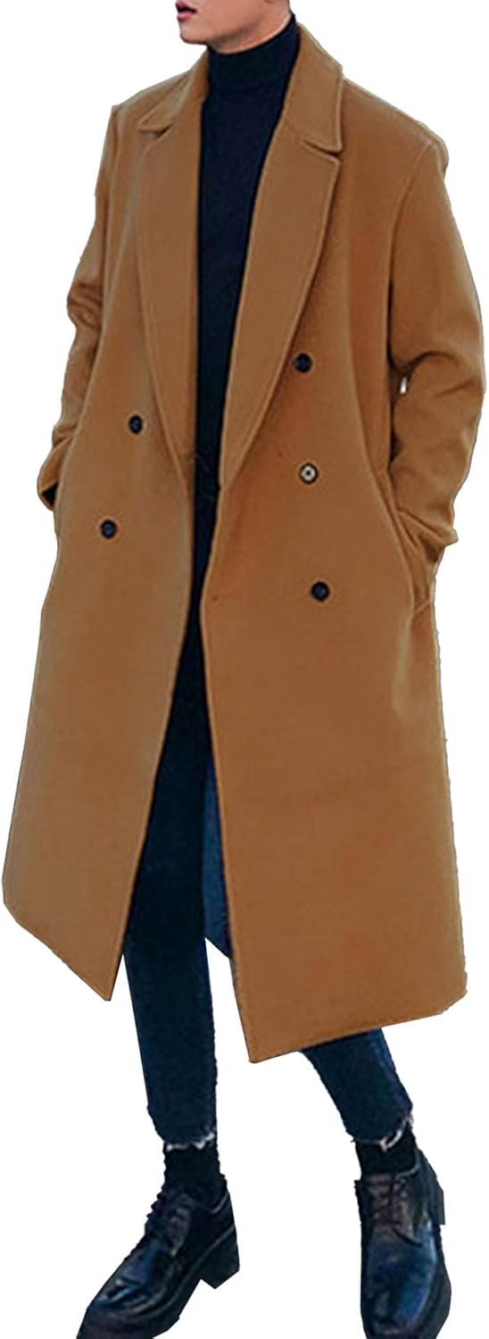 Maiyifu-GJ Men's Double Breasted Trench Coat Slim Fit Notched Lapel Casual Long Jacket Winter Warm Wool Blend Overcoat