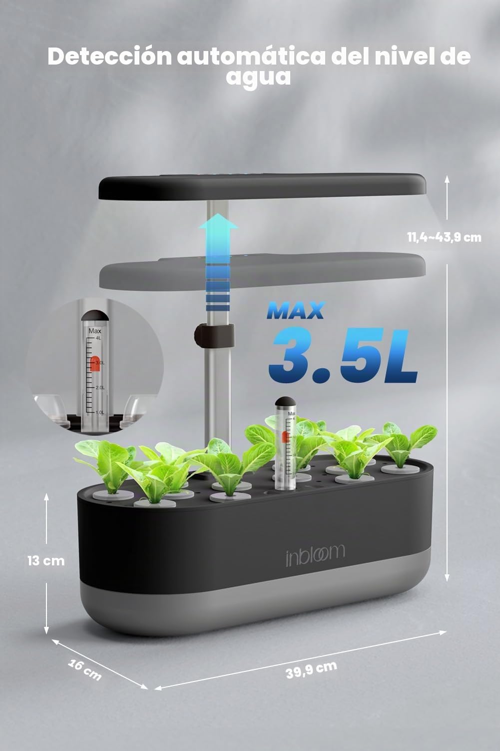 inbloom Kit de sistema de cultivo hidropónico de 12 cápsulas, kit de maceta de jardín de hierbas, sistema de cultivo hidropónico de jardinería interior con cápsulas, bomba de agua de 4.2 L, altura