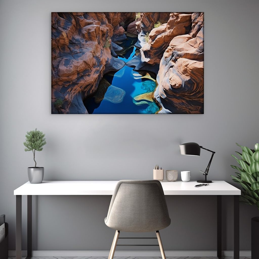 Canvas for Living room. Sapphire Ribbons Through Red Stone Giants: Nature's Masterpiece Unveiled, 27 x 18 inch Canvas Wall Art - Modern Home Decor