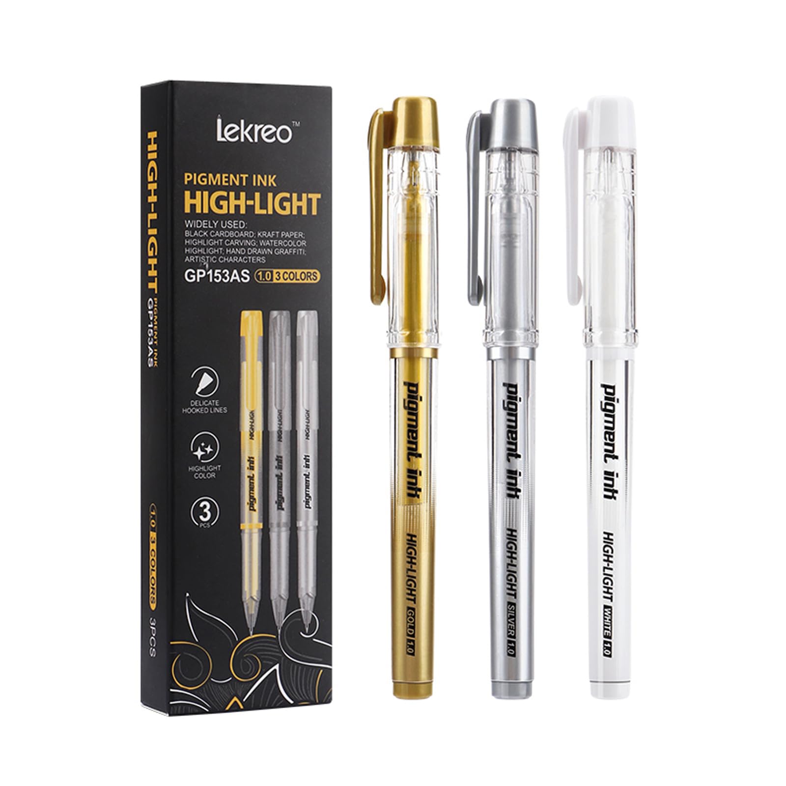 Lekreo Gold silver and white gel pen, 1mm nib, 3-Pack Gel Pens