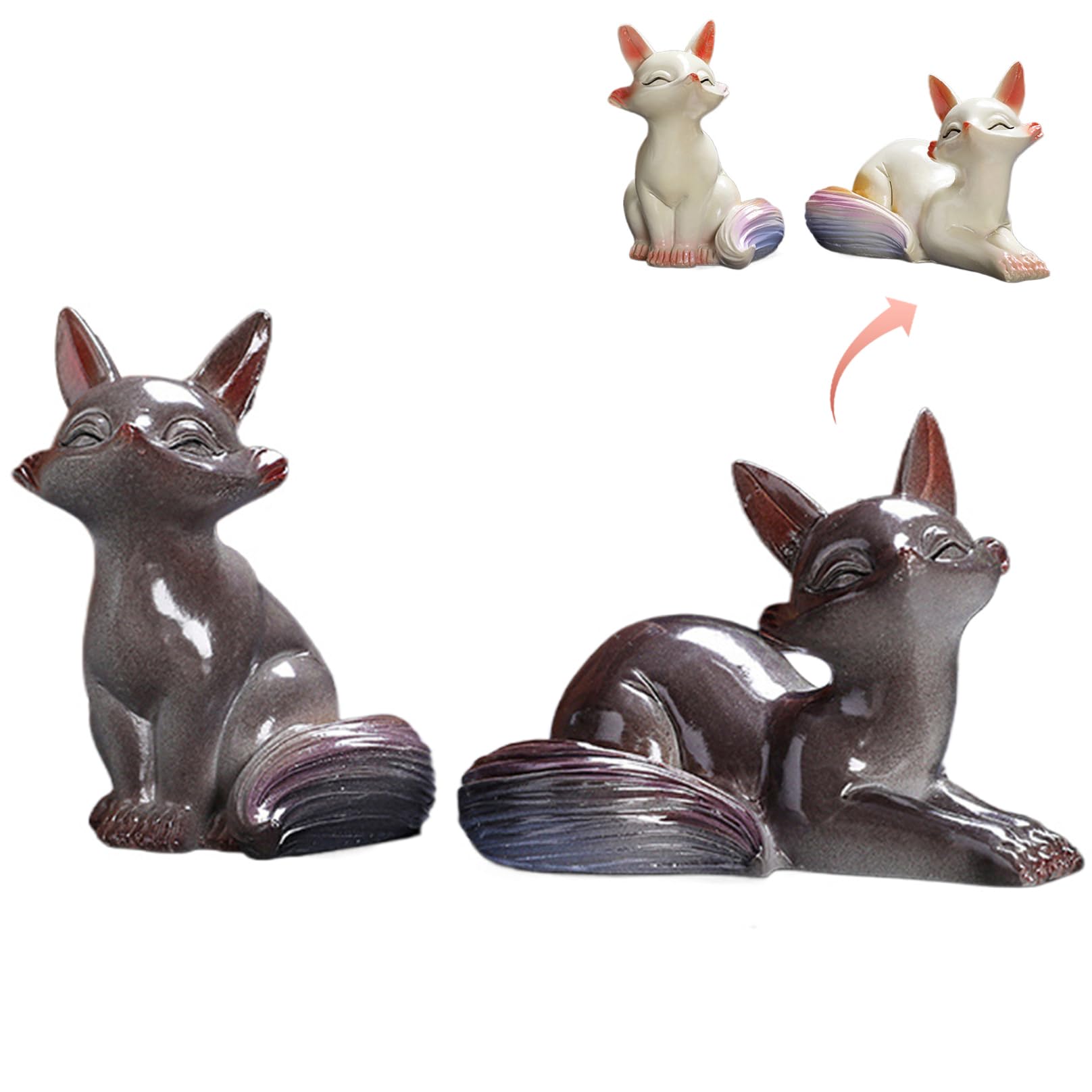Wedhapy Desk Pets 1 Pair Tea Pet Color Changing Fox Figurine Interactive Desk Pets Kung Fu Tea Ornament Accessories Feng Shui Decoration for table Teahouse for Lover