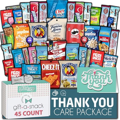 Gift A Snack - Thank You Snack Box Variety Pack Care Package + Greeting Card (45 Count) Appreciation Sweet Treats Gift Basket, Candies Chips Crackers Bars - Office Food Assortments