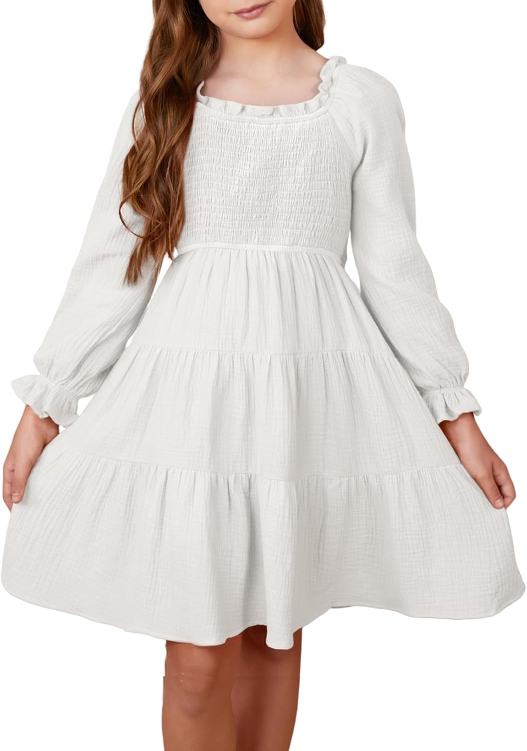 blibean Girls Cotton Long Sleeve Dresses Ruffled Boho Tiered Dress Size 6-15 Years