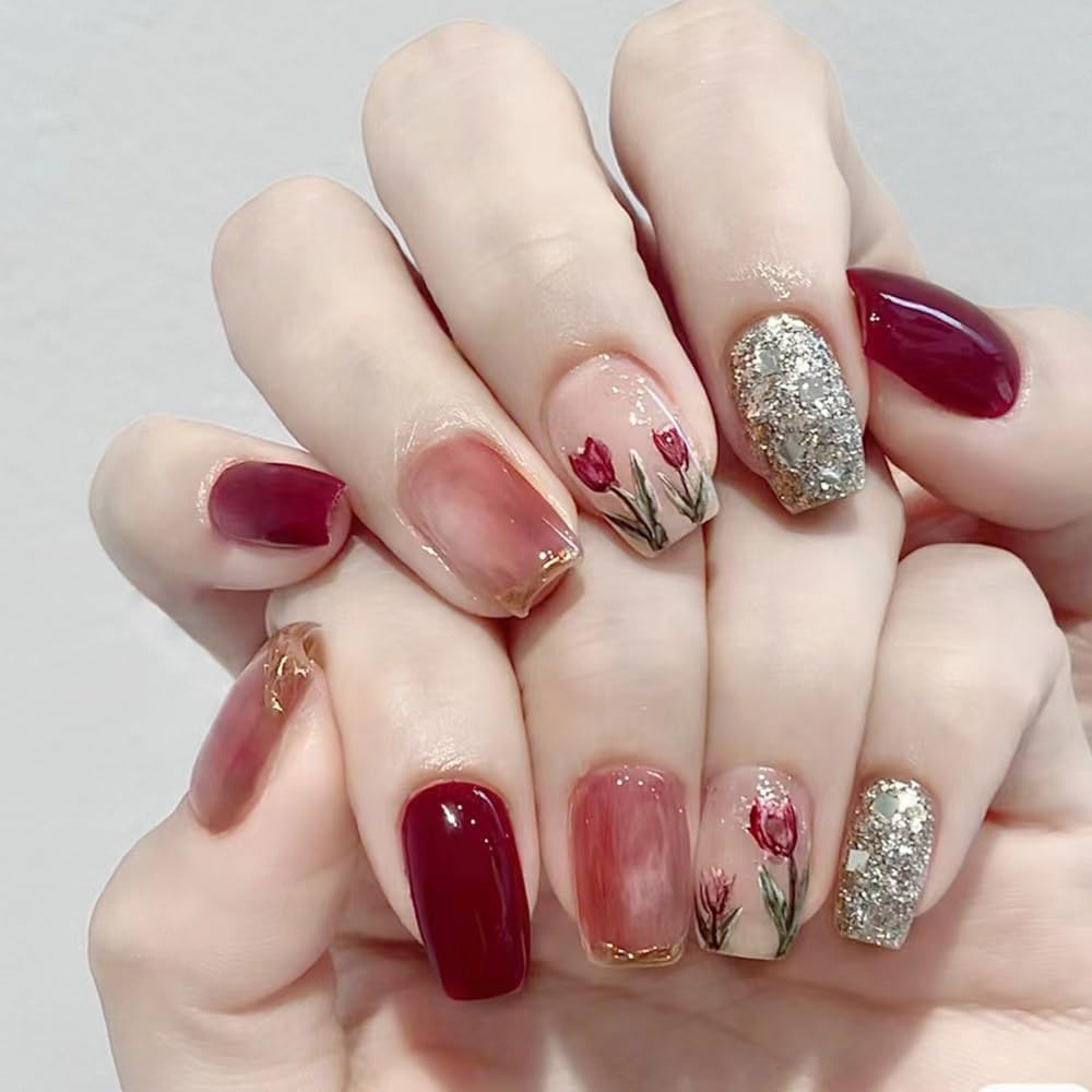LIyun&Hang 3D Press on Nails Short Square Shapes 24Pcs Glossy Full Cover Artificial Fake Nails, Red Smudge with Tulip Design,Reusable Luxury Jelly Glue Stick on Nails