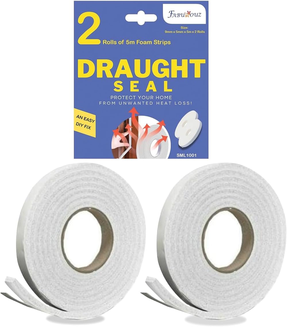 10M Draft Excluder Tape for Windows, Self Adhesive Weather Stripping Foam Tape, 2 Rolls of 5M Draught Excluder for Doors, 9mm Wide & 5mm Thick White Window Seal Strip