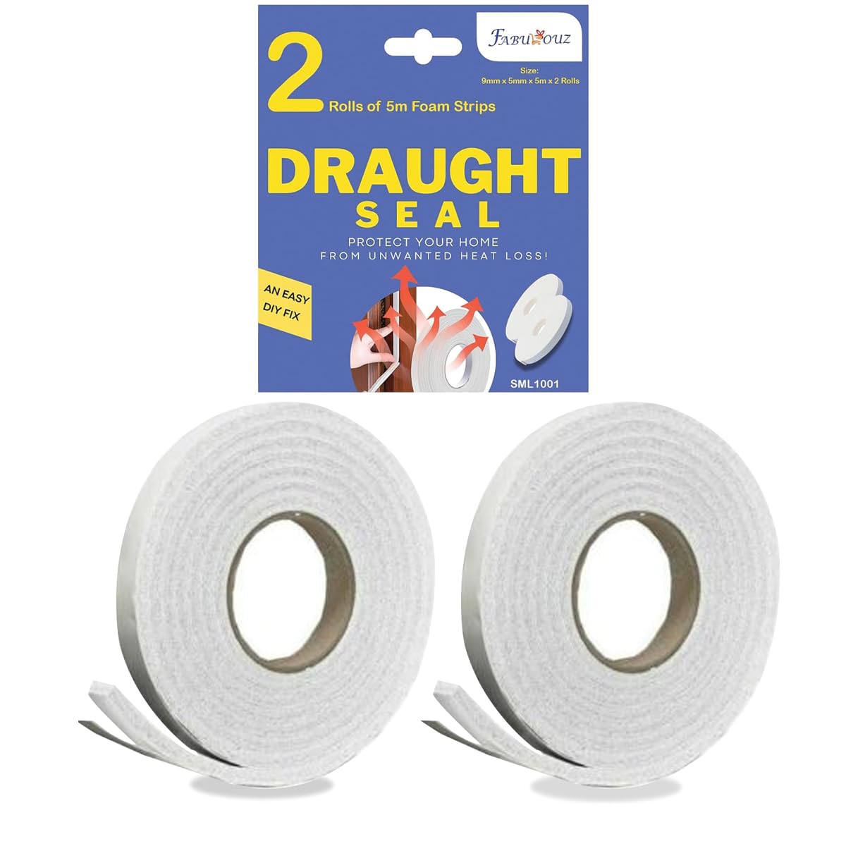10M Draft Excluder Tape for Windows, Self Adhesive Weather Stripping Foam Tape, 2 Rolls of 5M Draught Excluder for Doors, 9mm Wide & 5mm Thick White Window Seal Strip