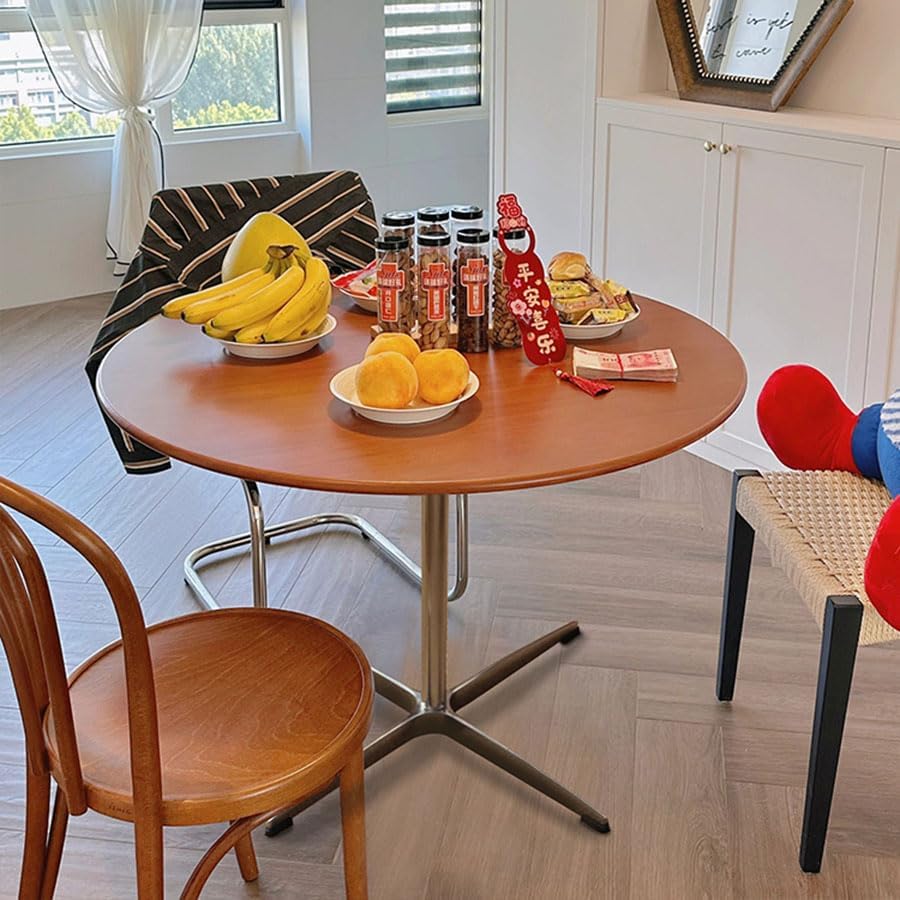 Miniatura 4 de Mesa de comedor redonda moderna de madera maciza con base de metal cruzada, mesa pequeña de madera marrón para oficina, mesa de centro pequeña para