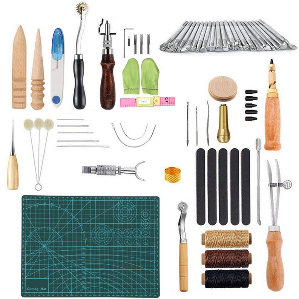 Generic Kit de Costura de Cuero de 50 Piezas - Herramientas Manuales Versátiles para Manualidades de Bolsos y Zapatos de Cuero - Ideal para Principiantes y Profesionales - Incluye Materiales de