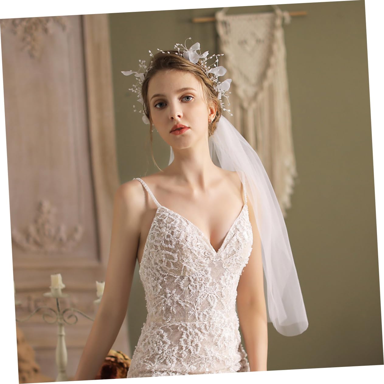 minkissy Weißer Schleier aus Tüll Kreatives Haaraccessoire für Frauen mit Perlenverzierung Elegantes Kopfschmuck für Hochzeit und Festlichkeiten