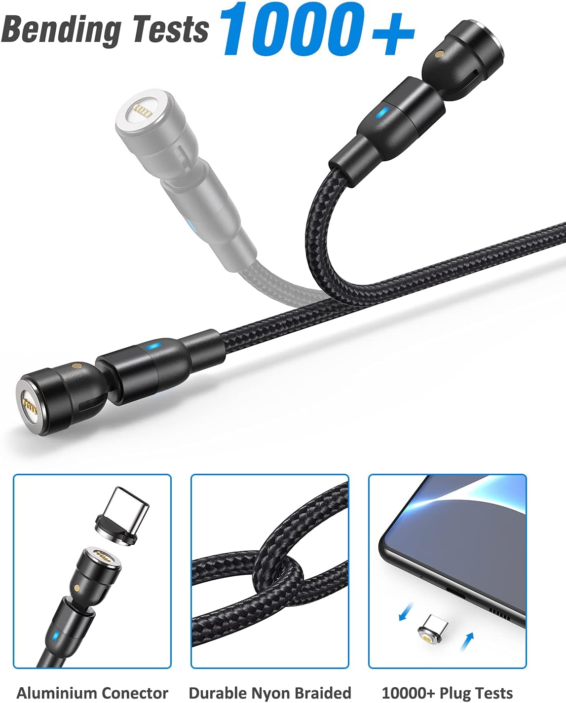 Image demonstrating the durability of the A.S magnetic charging cable, showing it undergoing bending tests and highlighting its aluminum connector, durable nylon braided material, and 10000+ plug tests.