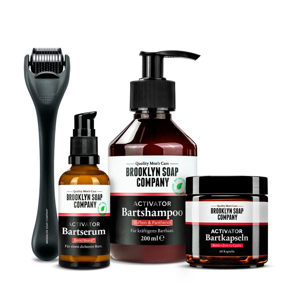 Brooklyn Soap Company Activator Beard Bundle Pro zestaw do porostu brody z szamponem do brody, serum do brody, wałkiem do brody i 60 kapsułkami dla gęstszego wzrostu brody i brody