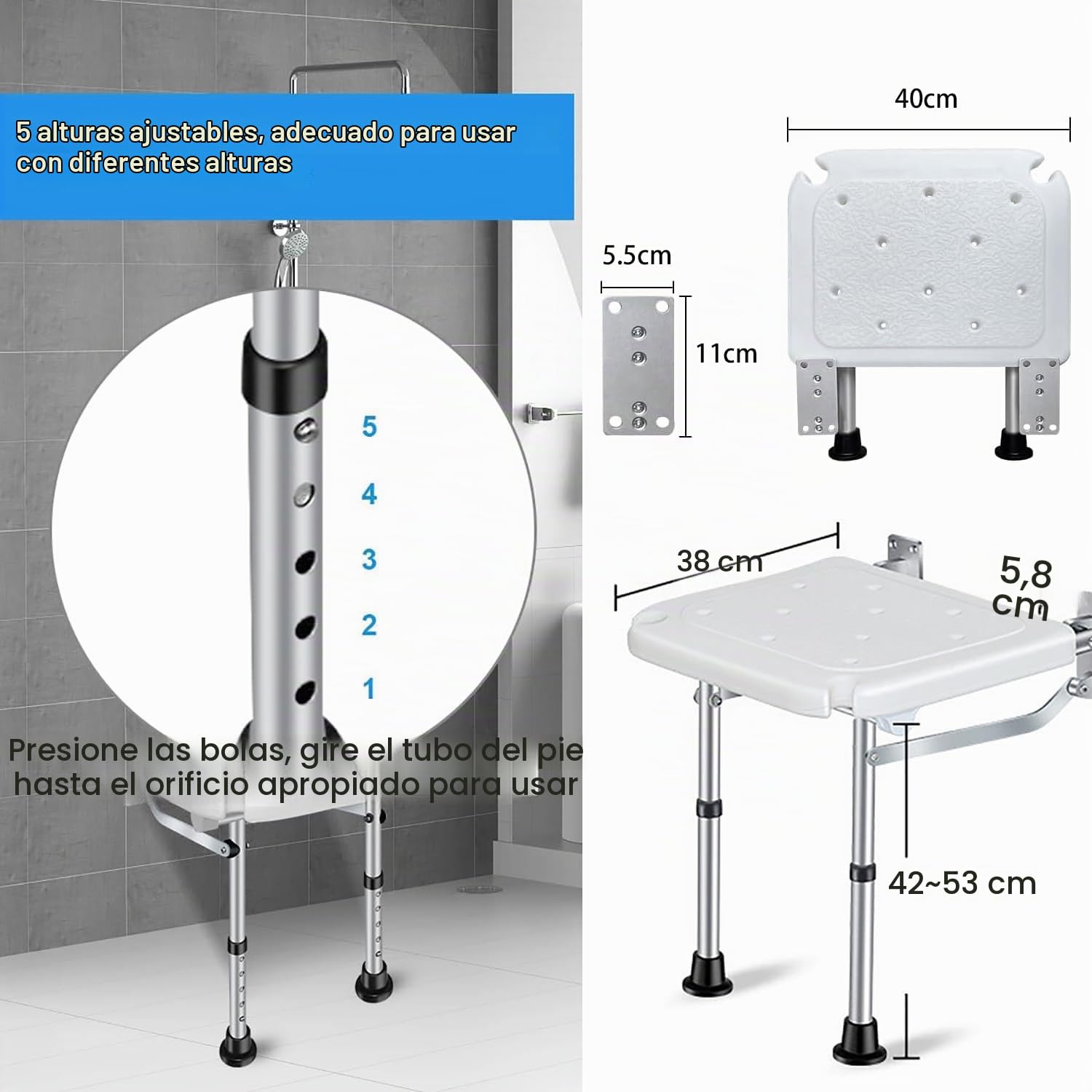 Silla Ducha Plegable,Altura Ajustable para Montaje en Pared,Carga Máxima De 180Kg,para Personas Mayores,Discapacitados
