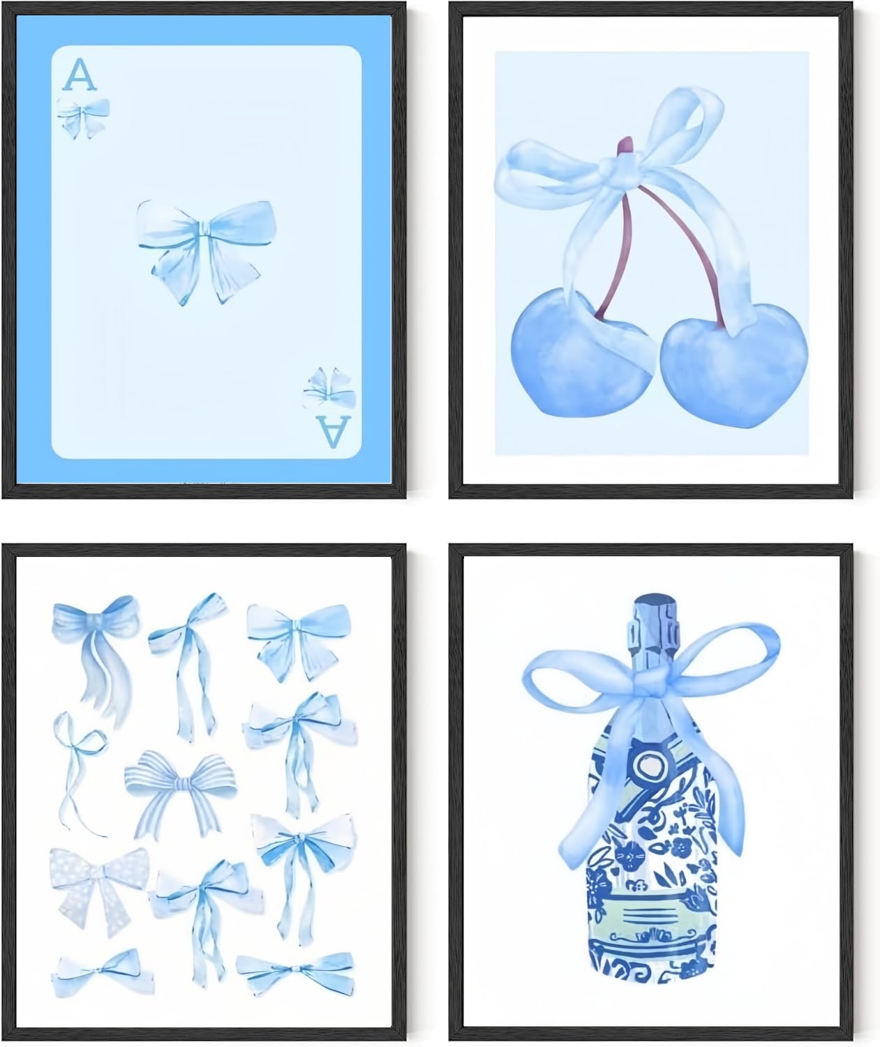 Linilioart Girls Blue Set Of 4 Preppy Bows Canvas Wall Art Lucky Posters Y Aesthetic Room Decor Coquette Pictures For Bedroom Dorm, Unframed (40X60cm)