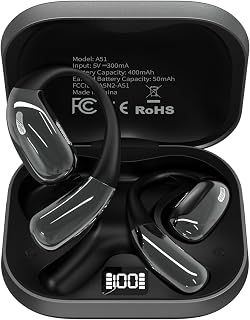 Tuemvia Open Ear Headphones Wireless Bluetooth Earbuds: LED Display, 35H Playtime, Waterproof Sweatproof Fit for Running Sports (Black)