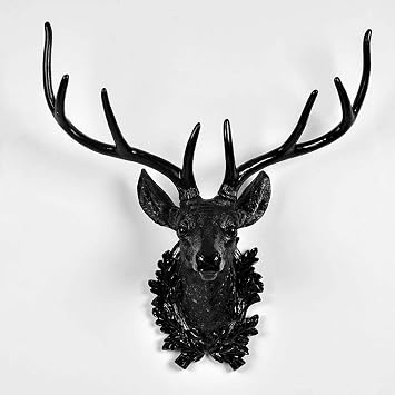 LaseVe Wall Decor Wall Sculpture,Deer Head Wall Hanging Wall Lace Long Horns Imitation Animal Head Decoration Living Room Black