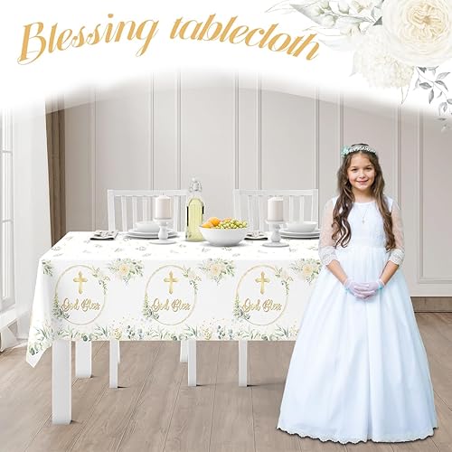 Miniatura 5 de Decoraciones de primera comunión, mantel de bautismo con texto en inglés "God Bless Bautismo", 3 piezas de mantel blanco para recién nacidos, baby