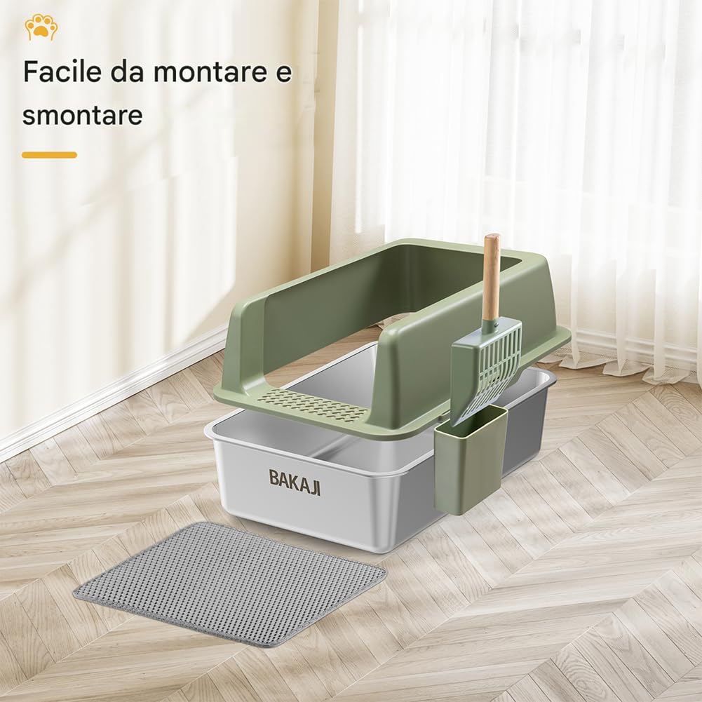 BAKAJI XXL offene Katzentoilette mit Stahlbasis mit sandabweisendem Rand, Schaufel und Behälter, schmutzabweisende Matte, rutschfeste Unterseite, Fassungsvermögen 35 l, 60 x 40 x 30 cm