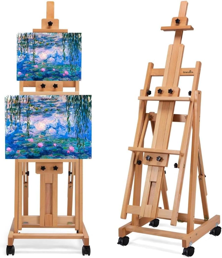 Grandink Artist Extra- Large Multi-Function Studio Easel, H-Frame Art Easel, Tilts Flat, BeechWood Painting Easel Stand, Movable Floor Easel with Drawer & Silent Wheels, Holds 2 Canvas Up to 91 Inches