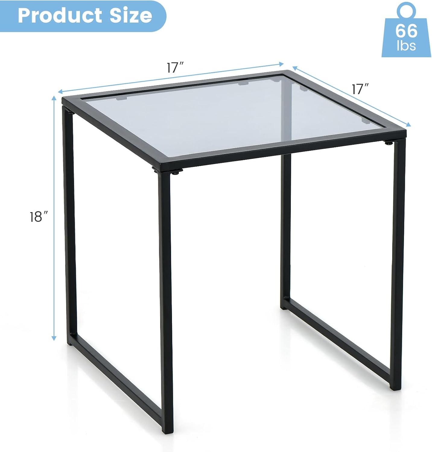 Giantex 17” Square Outdoor Side Table with Metal Frame, Indoor Small Tempered Glass End Table for Bistro, Patio, Living Room, Porch, Deck, Garden, Poolside, Easy Assembly