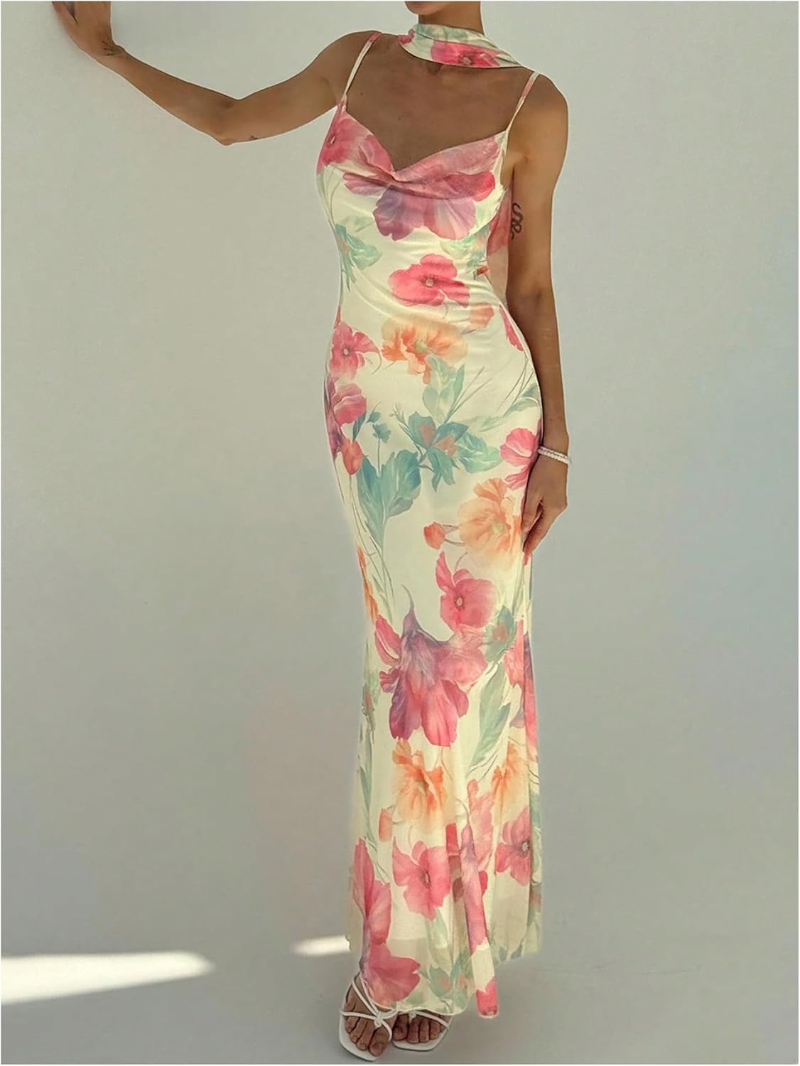 GORGLITTER Women's Floral Bodycon Maxi Dress with Neck Scarf Mesh Cowl Neck Sleeveless Backless Fishtail Long Dresses - Image 5