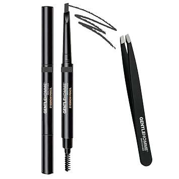 Gentlehomme Eyebrow Pencil and Stainless Steel Tweezer for Eyebrows & Beard | Mens Grooming Set for Shaping & Defining - Waterproof, Smudge-proof, and Long-lasting Gray