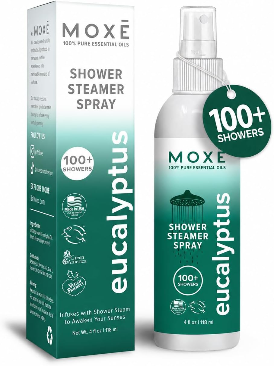 MOXĒ Eucalyptus in-Shower Aromatherapy Mist, 4 Ounces, 100% Essential Oils Sinus Steam Spray, Congestion Relief, Daily Relaxation, Stress Relief, Natural, Plant Based, Made in USA