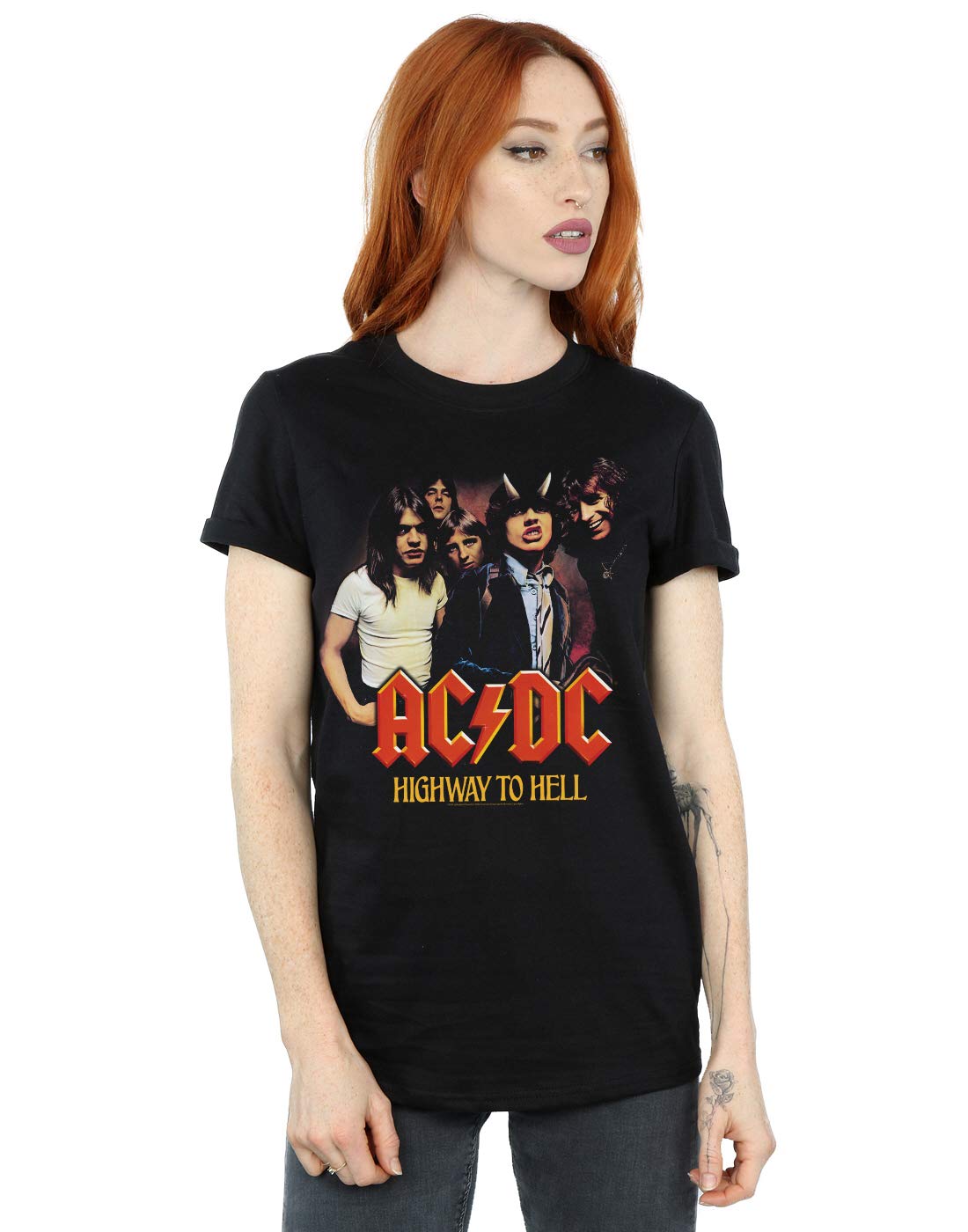 Absolute Cult Women's Black Acdc Highway To Hell Group Boyfriend Fit T-Shirt Small