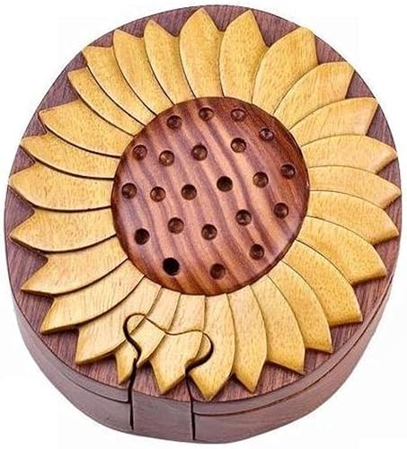 Girasol - Caja de rompecabezas de madera de Intarsia natural, hecha a mano con compartimento secreto