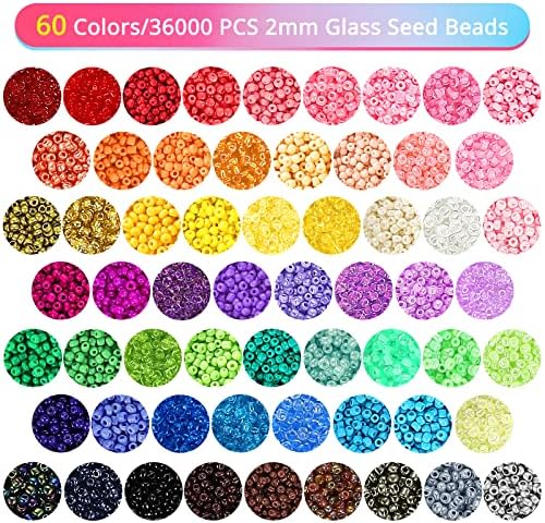 Glass Beads for Jewelry Making, Funtopia 60 Colors 36600pcs+ Small Seed Beads for Bracelets Making, 2mm Tiny Beads with 3 Storage Box, Letter Beads & Evil Eye Beads, DIY Art Craft Kit for Girls Women