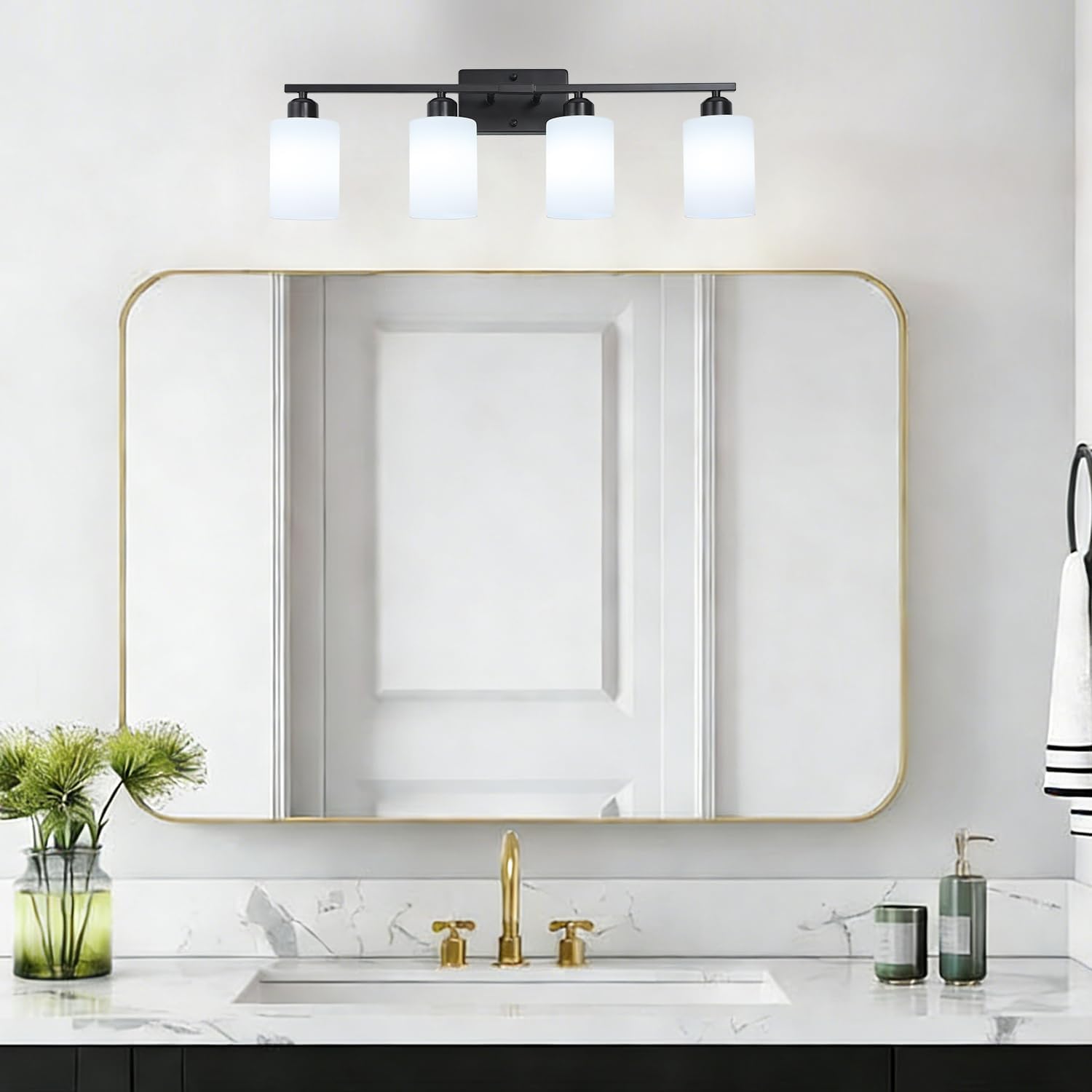 4-Light Bathroom Vanity Lights, Modern Vanity Lighting with Milky White Shades, Anti-Rust Black Bathroom Light Fixtures Over Mirror, Bathroom Wall Lamp for Mirror Bathroom Living Room Cabinet