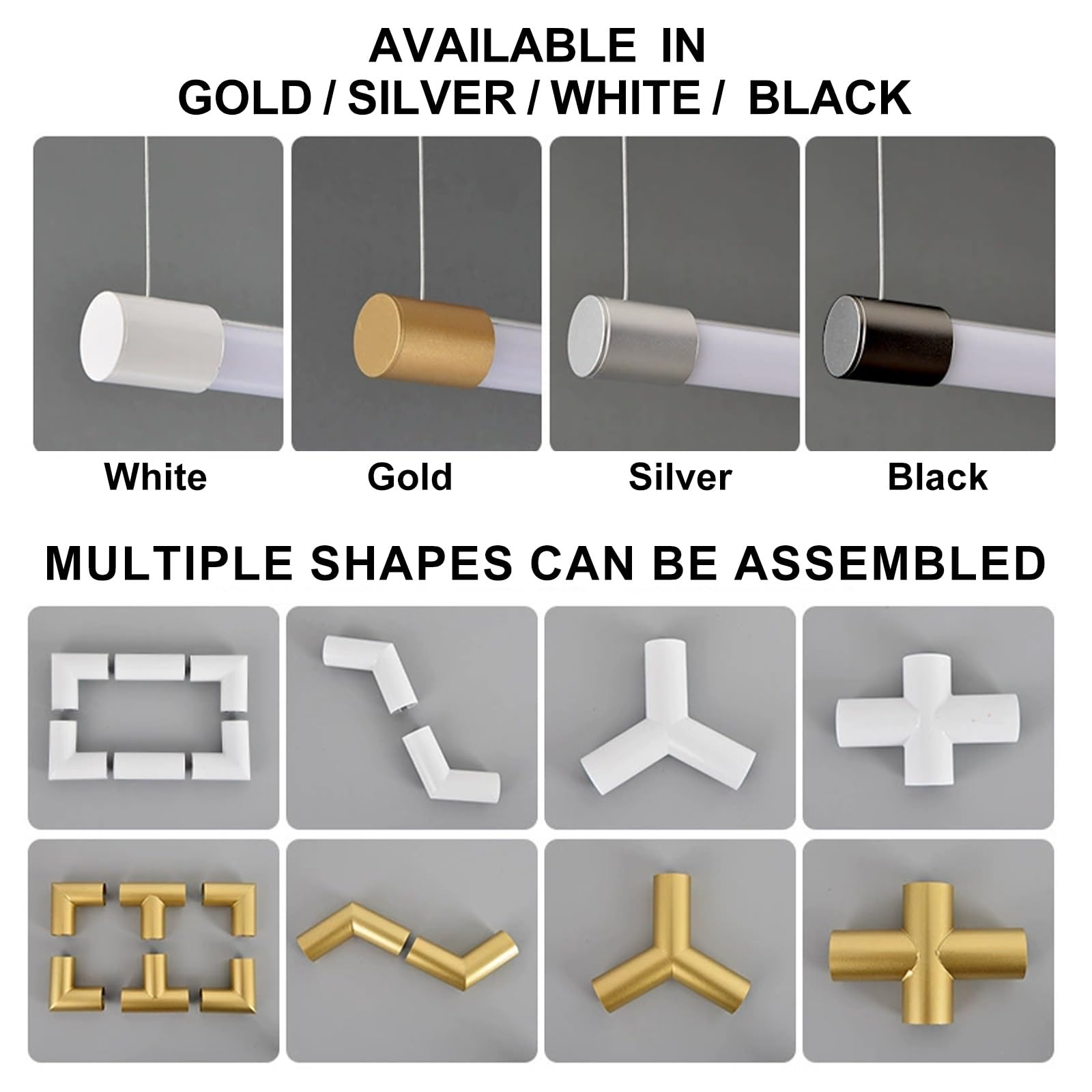 Suspension linéaire LED modulaire, lustre à tube long 6000 K, luminaire suspendu moderne épissable avec embouts multicolores for îlot de cuisine, salle à manger, bureau(Black,100cm)