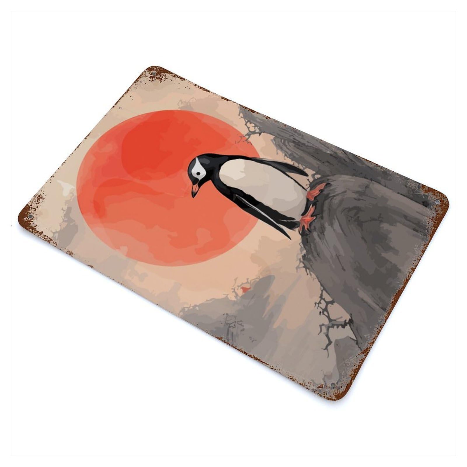 Penguin Japanese Painting Vintage Wall Sign 11.8"x7.9", Rust Effect Metal Decor for Cafe, Home Bar And Lounge Decor