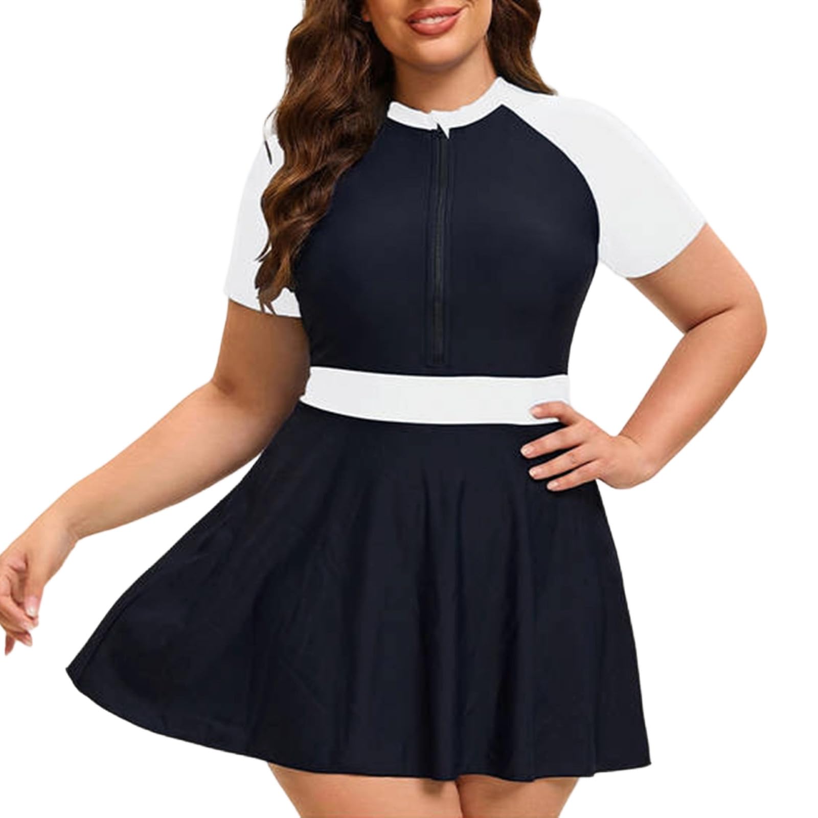 Traje baño Vestido Talla Grande Manga Corta Cremallera Shorts Mujer Dos Piezas