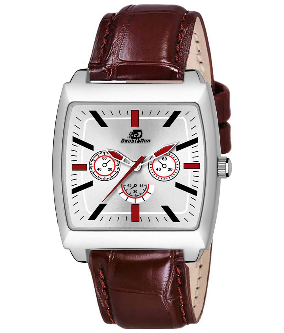 DOUBLERUN Silver Square Dail Leather Strap Analogue Mens Watch Naxy_5 (Maroon) (B08SQ38JH4) Amazon Price History, Amazon Price Tracker