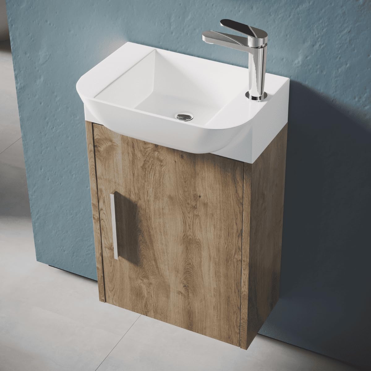 Mueble de Baño Suspendido Fondo Reducido con Lavabo Cerámico para Aseos | Mueble Volado 1 Puerta con Tirador | 45cm Roble Natural