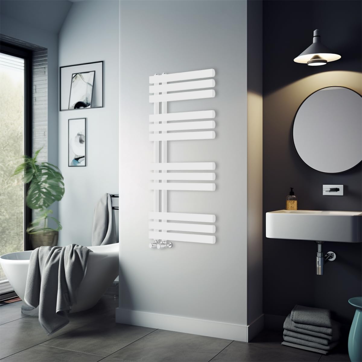 Warmehaus 1200 x 600mm White Flat Designer Heated Towel Rail Radiator - Best for any Bathroom & Kitchen - D Shape Bars
