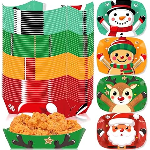 Geefuun 50Packs Christmas Party Supplies Food Trays - Disposable Paper Serving Snack Plates for Xmas Holiday Cover